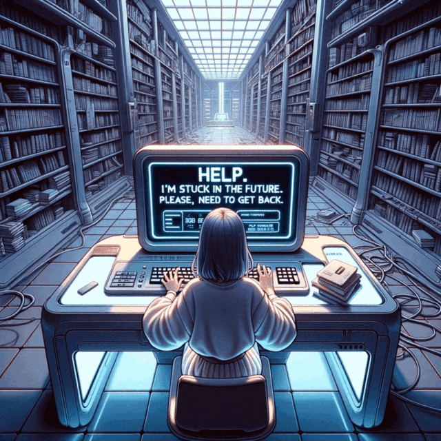 A girl stands in a futuristic empty city, gazing at a glowing computer terminal