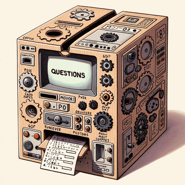 Two boys and a little brother stand in a garage surrounded by cardboard and duct tape, building a makeshift machine