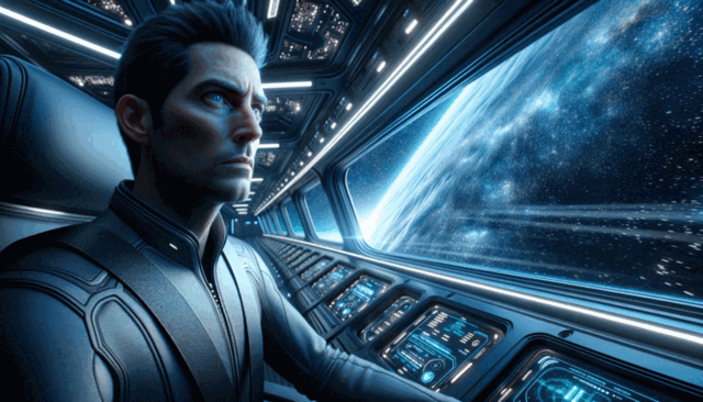 A rocket launches into the starry night sky