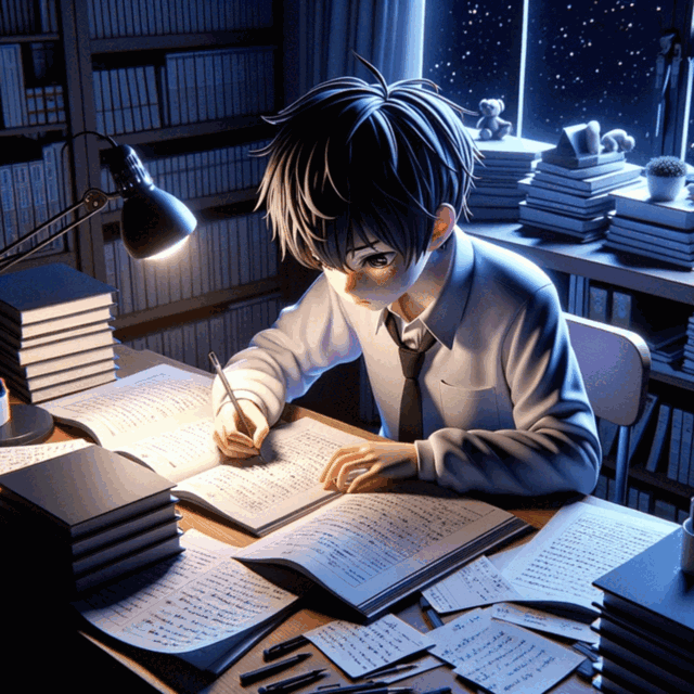 Students hunched over desks surrounded by towering stacks of math homework